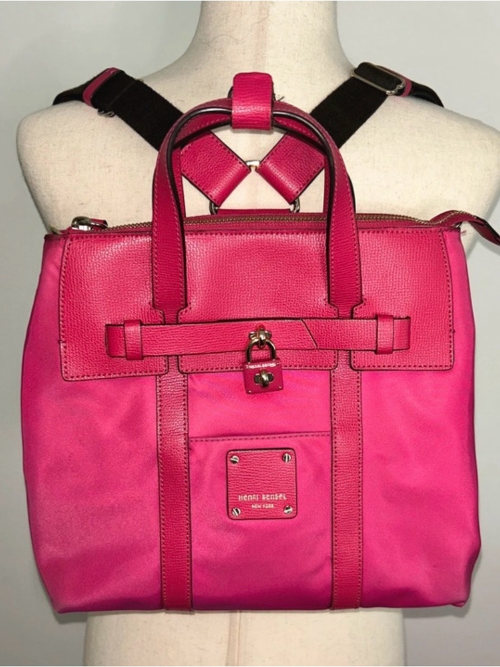 Henri Bendel West 57th Pink Convertible Backpack Tote Nylon Leather Rare